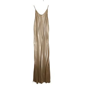 Hampton Nites Champagne Gold Satin Metallic Maxi Dress Spaghetti Strap Gown